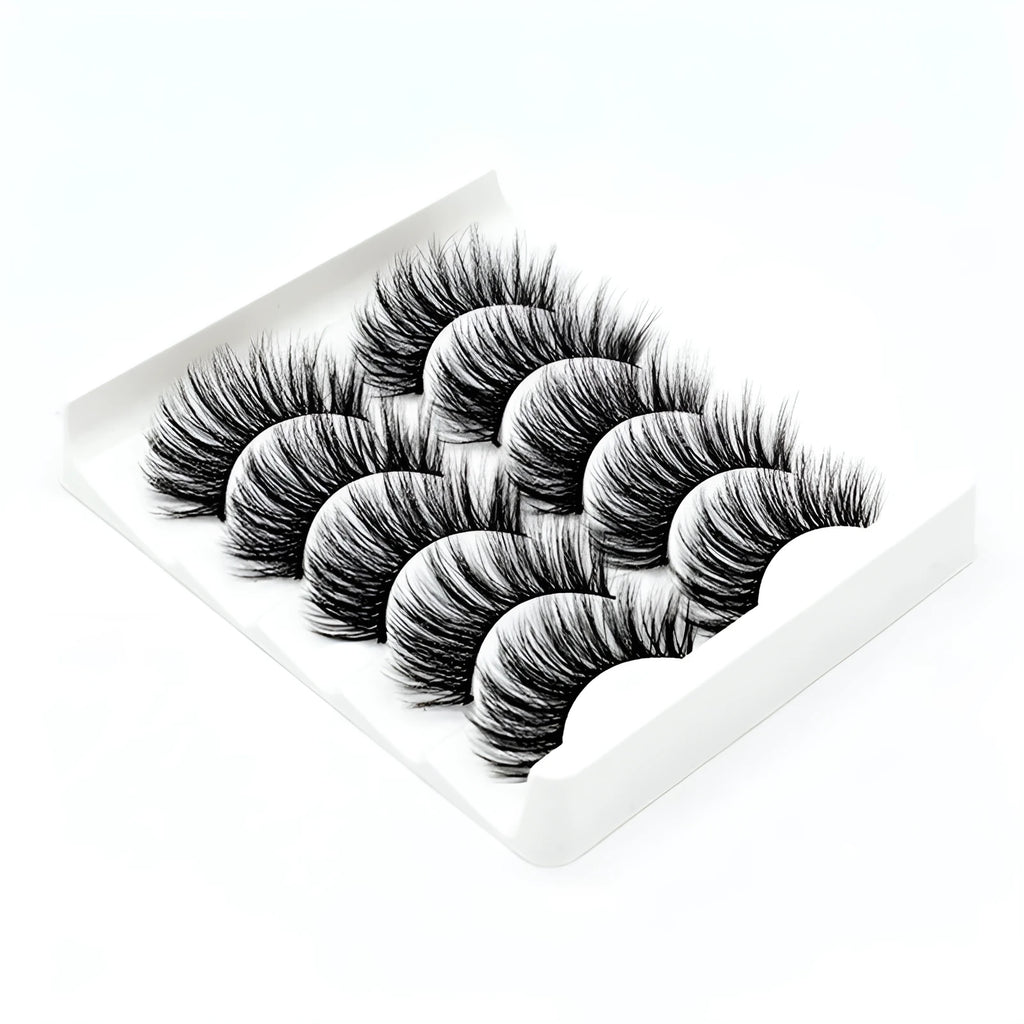 Handmade thick long natural false eyelashes in 3D fiber construction, pack of 5 pairs