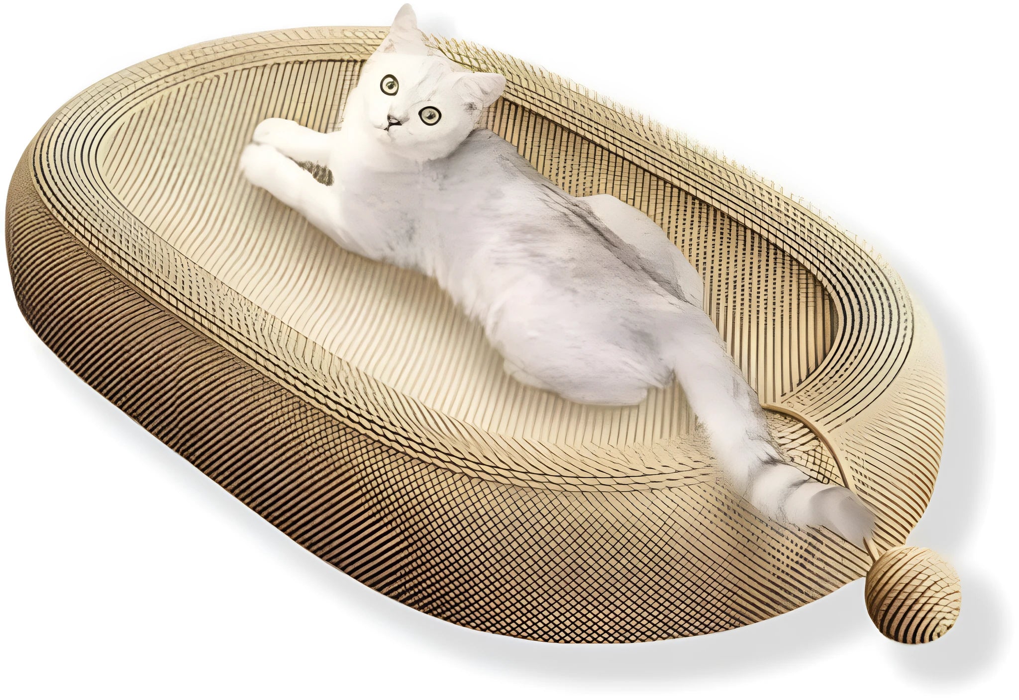 Large sisal cat scratching board with integrated lounge bed featuring adorable cat design