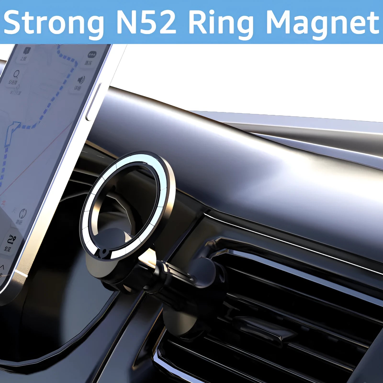 Black magnetic car phone holder attached to vehicle air vent