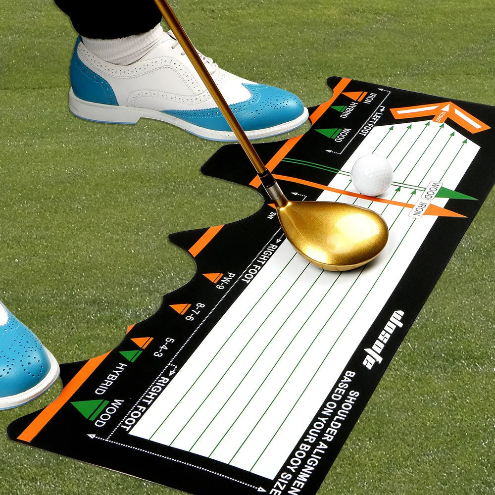 Black neoprene golf swing posture training pad on a practice mat.