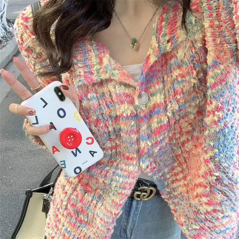Retro style knitted rainbow sweater cardigan in pink and green ice cream colours
