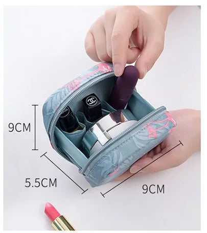 Cube-shaped makeup storage bag in fabric construction with multiple colour options
