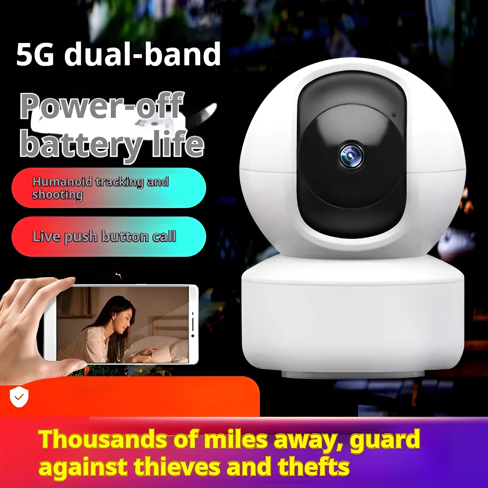 1080P 5G dual band wireless security camera with night vision and built-in microphone in black