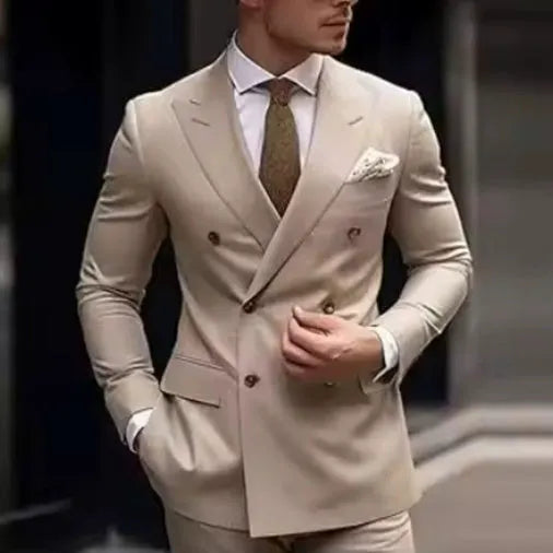 Men's slim fit two-piece suit in Korean style with cotton blend fabric