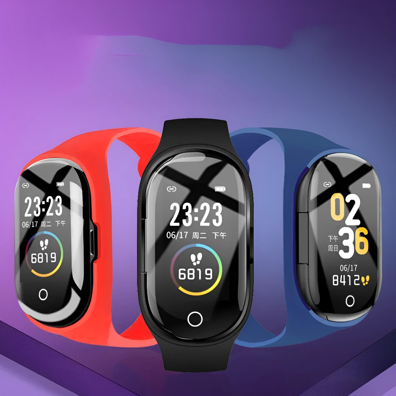 Smart bracelet earphone combo with silicone wristband and 1-inch touchscreen display
