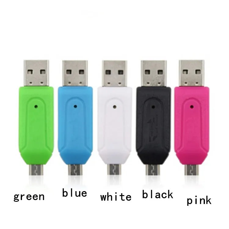 White OTG card reader showing both USB and micro USB connectors for phones and computers.