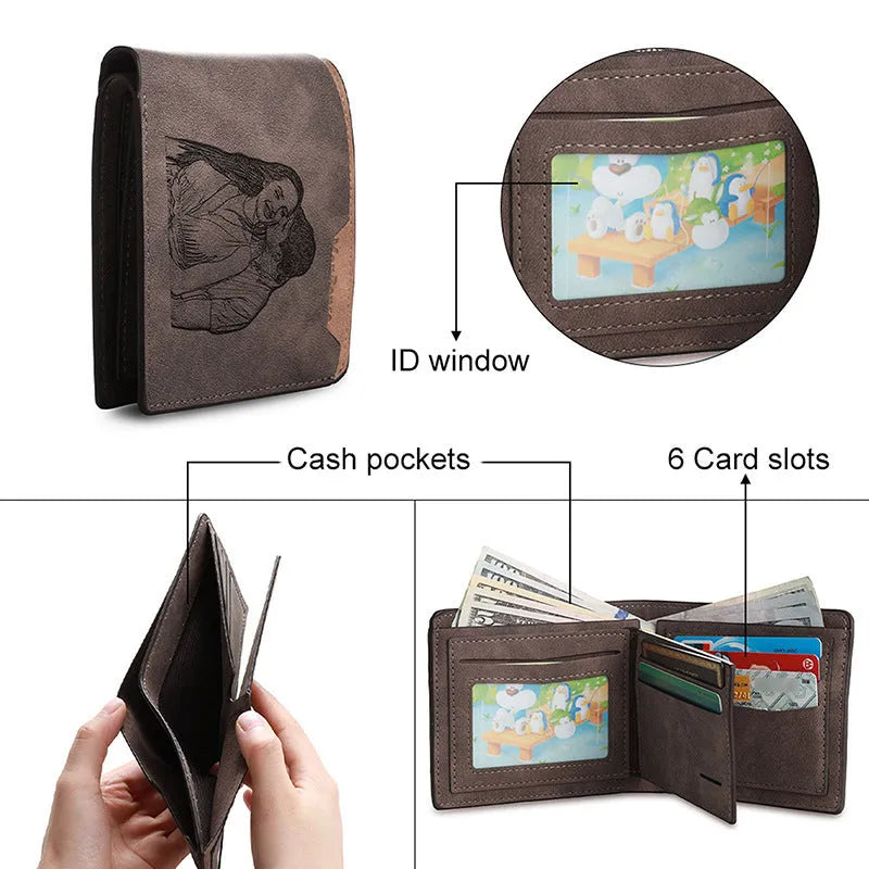 Coffee brown engraved horizontal short wallet showing personalisation service and compact 120mm dimensions