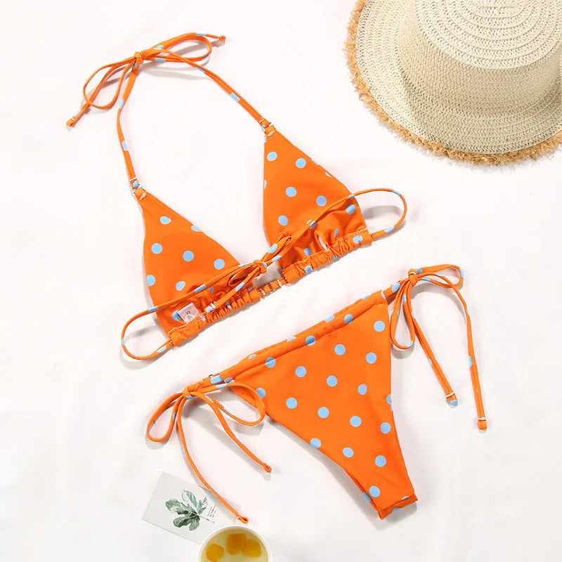 Women's polka dot print split swimsuit bikini set in brown and orange gradient patterns with polyester lining