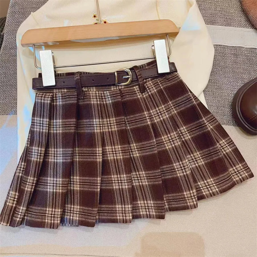 Girls' plaid pleated skirt in A-line style with cotton blend fabric