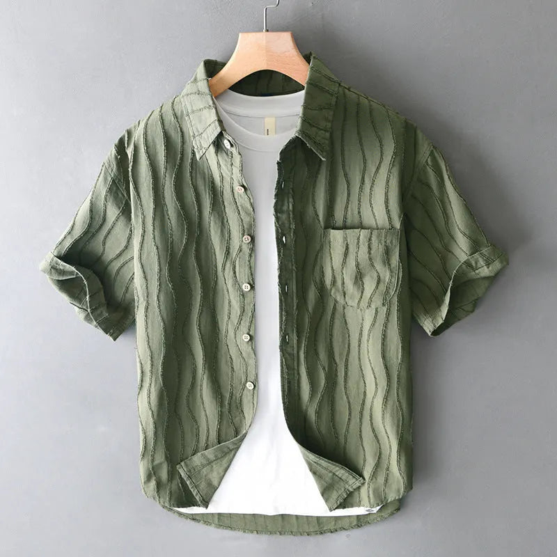 Men's pure cotton casual shirt in loose Japanese style with short sleeves