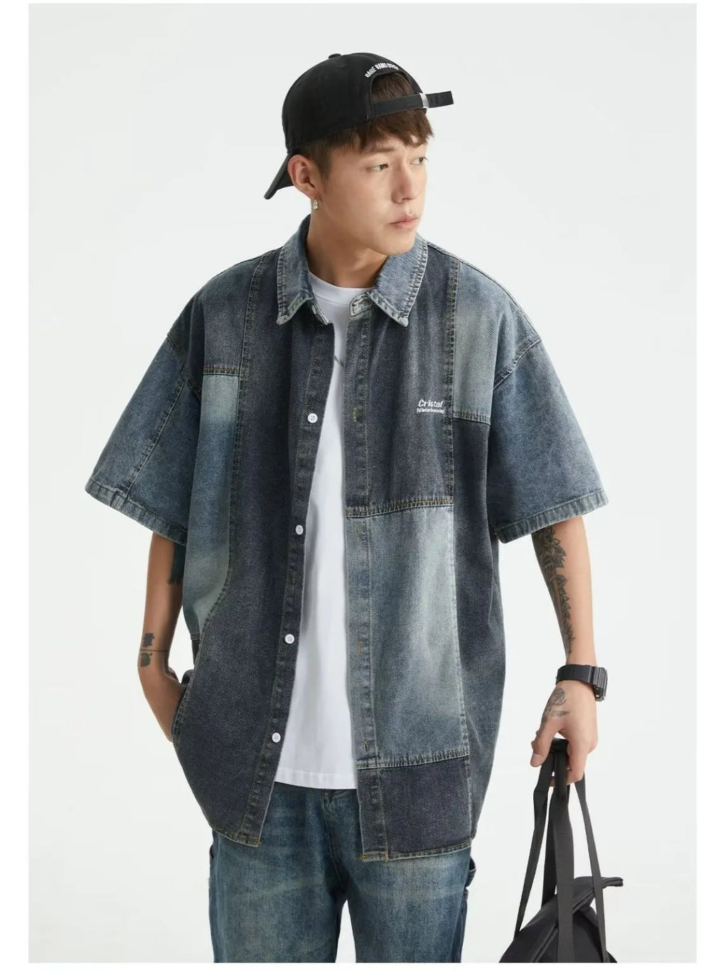 Blue Japanese-style men's denim shirt with retro washed stitching and loose cardigan fit.