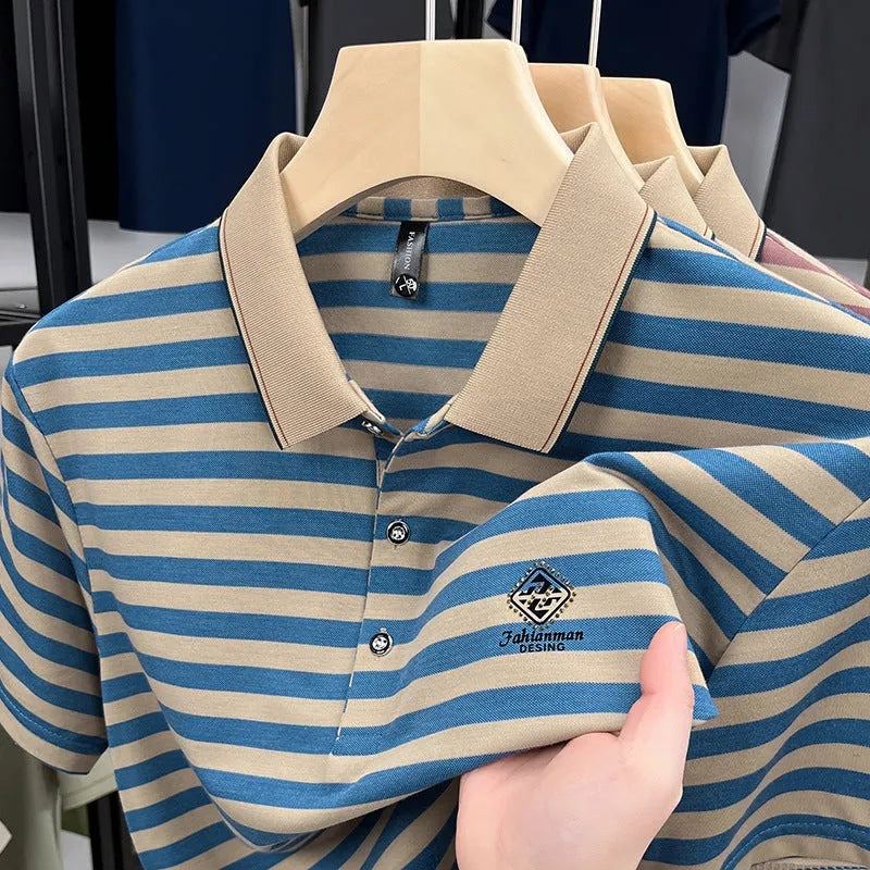 Man wearing a red striped short sleeve casual shirt with a mosaic pattern detail