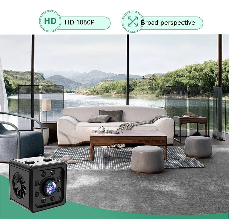 Black cubic Remote Network K13 Sports Camera on a table with its mounting bracket and data cable.