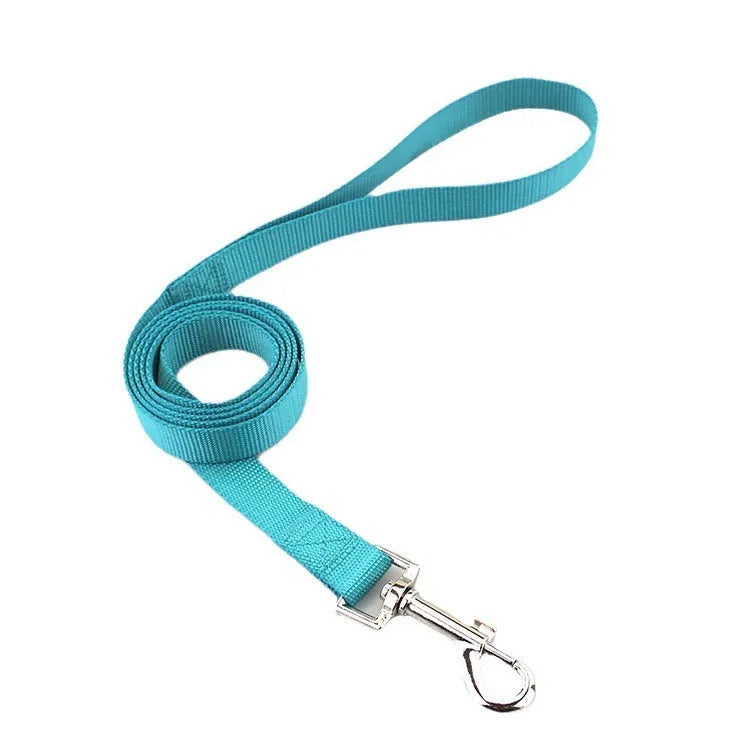 Solid colour polyester dog tug-of-war rope toy shown in blue, with hand loops, for interactive play with pets.