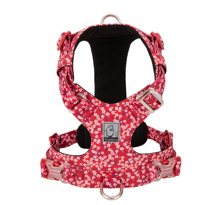 Floral print dog chest harness in pure cotton with pull-resistant strap.
