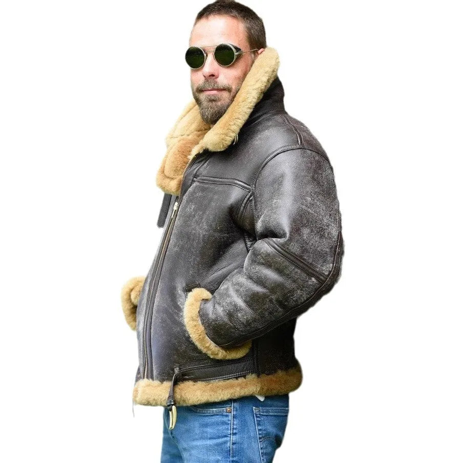 Men's brown synthetic leather fur coat with medium length and side pockets