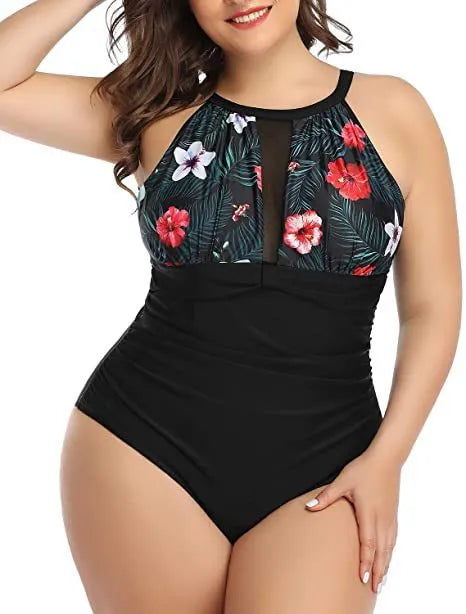 Women's black one-piece swimsuit with lace trim on a mannequin.