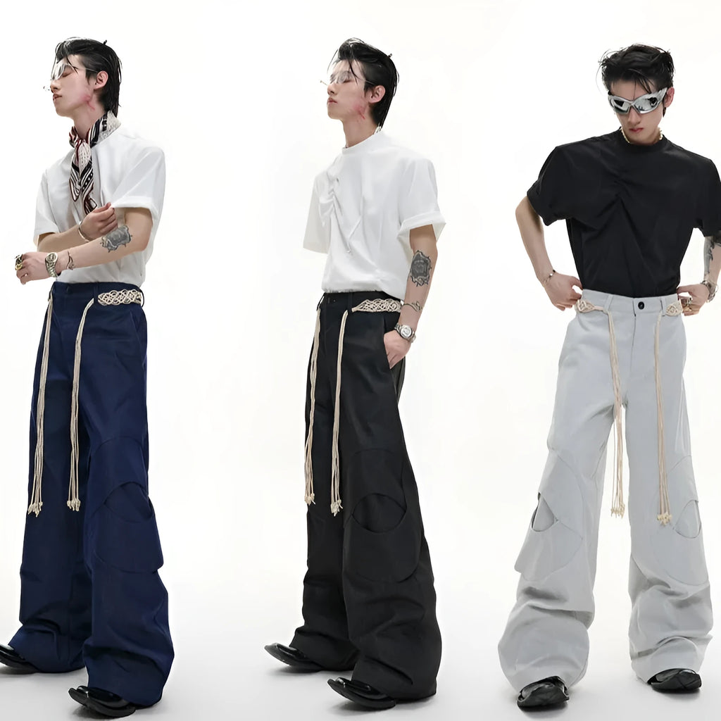 Men's dark blue straight-leg cotton jeans showing 3D cutting, belt stitching, and zipper pocket details.