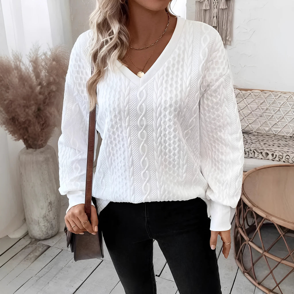 Milky white casual loose fit long sleeve t-shirt with three-dimensional pattern design