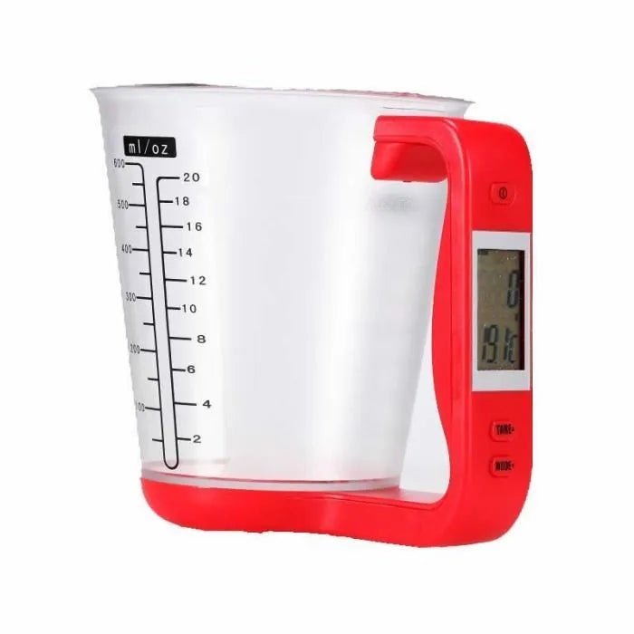 Green digital measuring cup scale with LCD display showing weight measurement