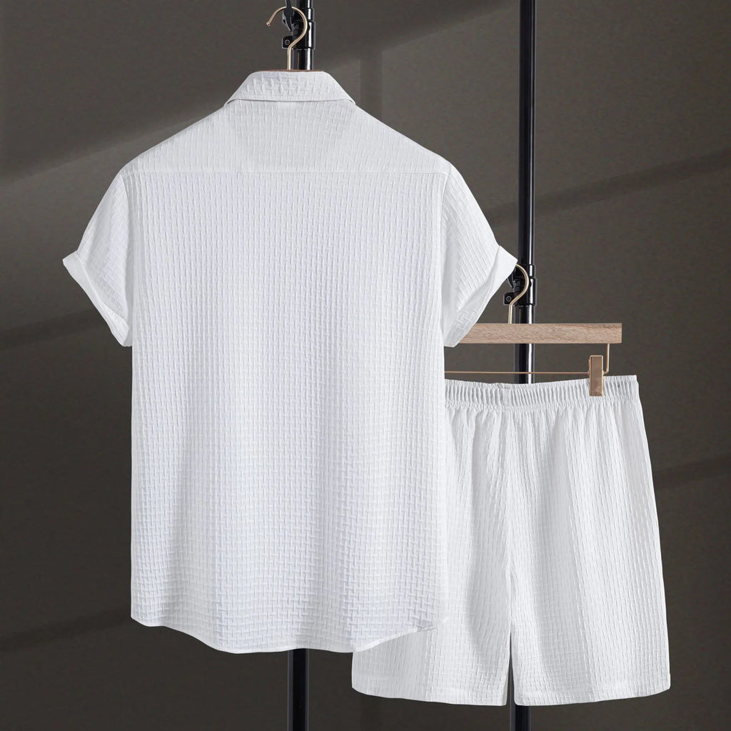 Men's black cotton blend shirt and shorts casual set laid flat