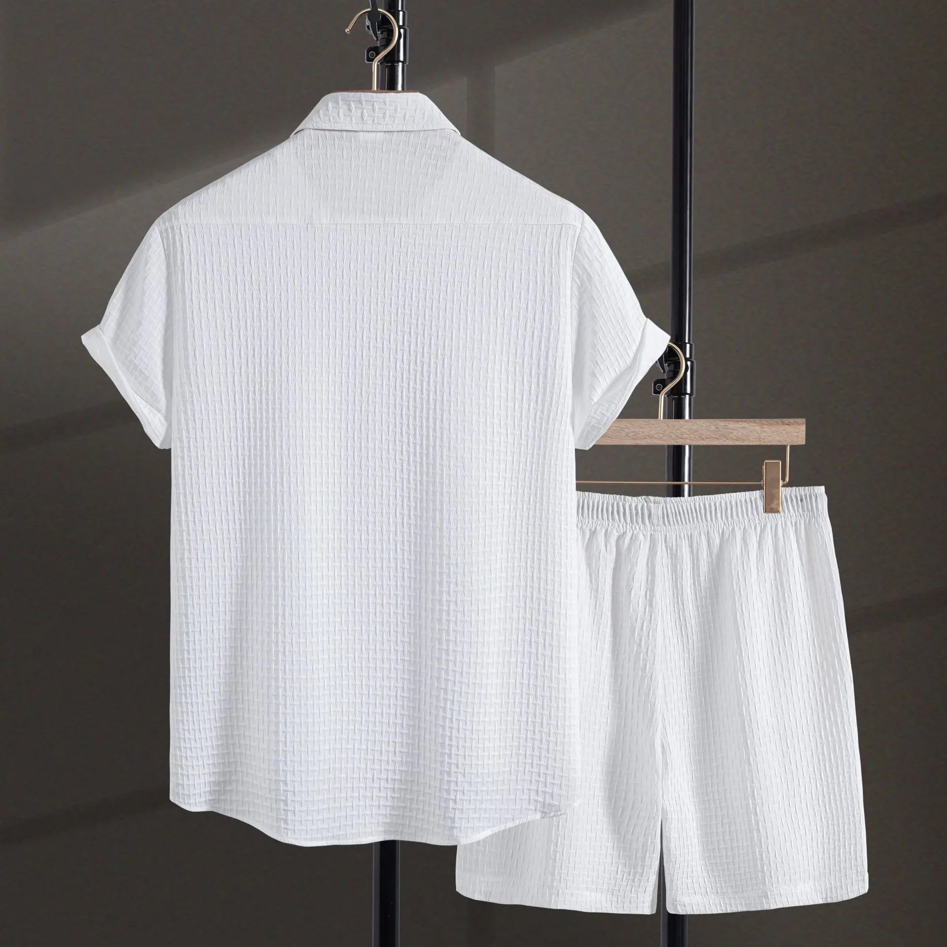 Men's black cotton blend shirt and shorts casual set laid flat