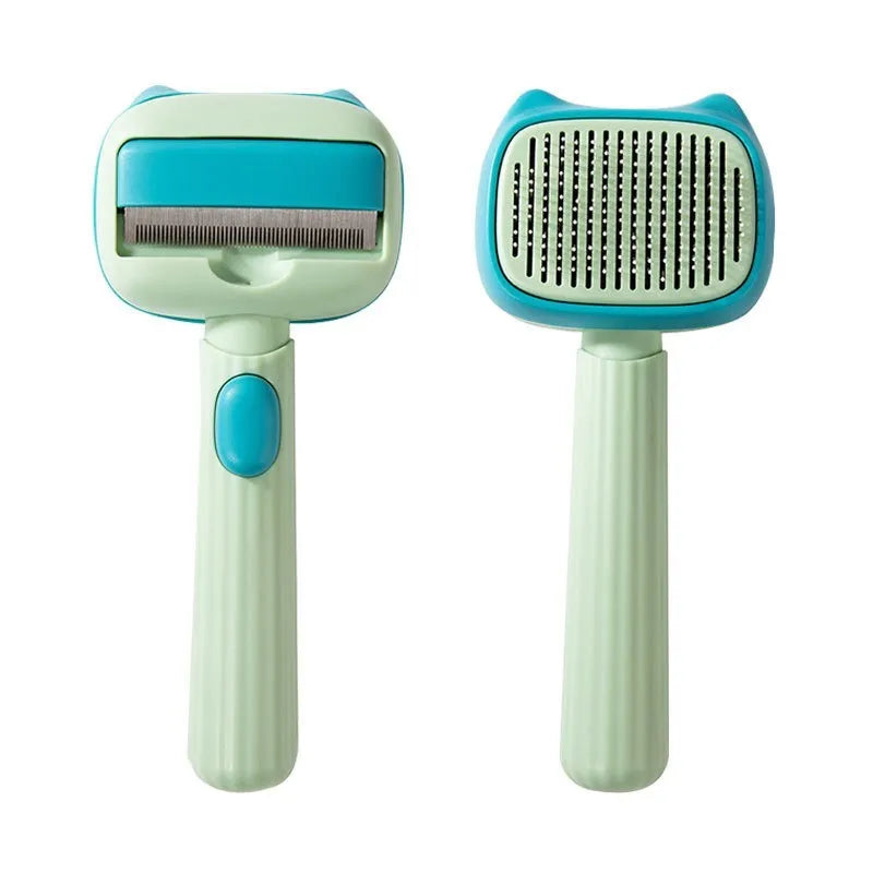 Blue and green double-sided pet grooming brush with deshedding rake and dematting comb on a white background.