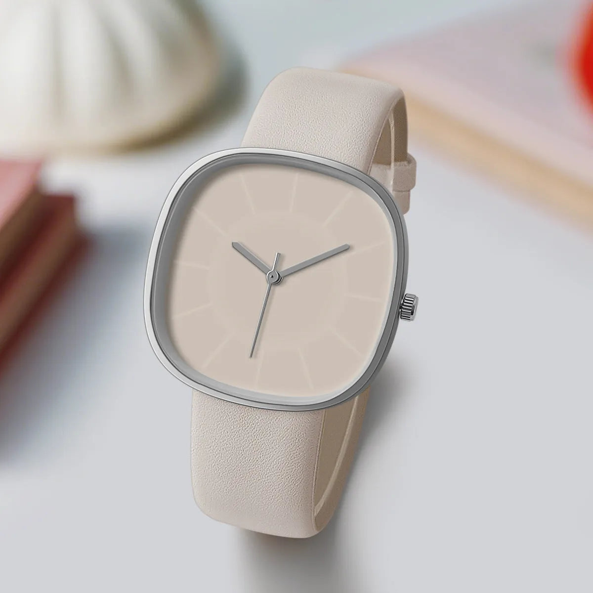 Women's cube sugar square silicone watch with organic glass dial, stainless steel back, pin buckle, available in pink, gray, khaki, light brown, black