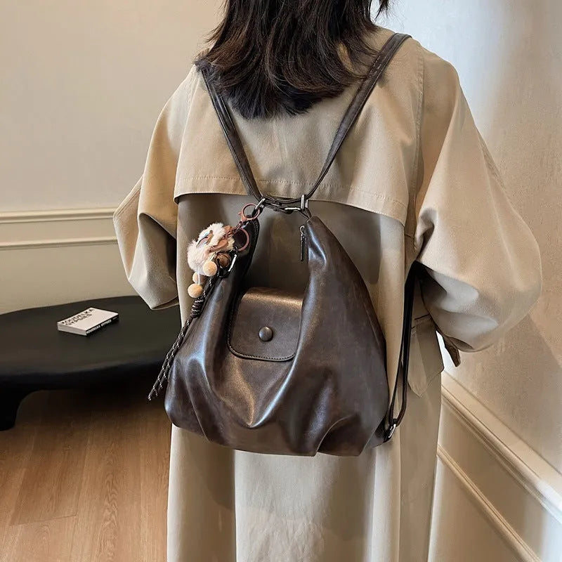Women's black PU leather horizontal square shoulder bag with single strap and mobile phone compartment