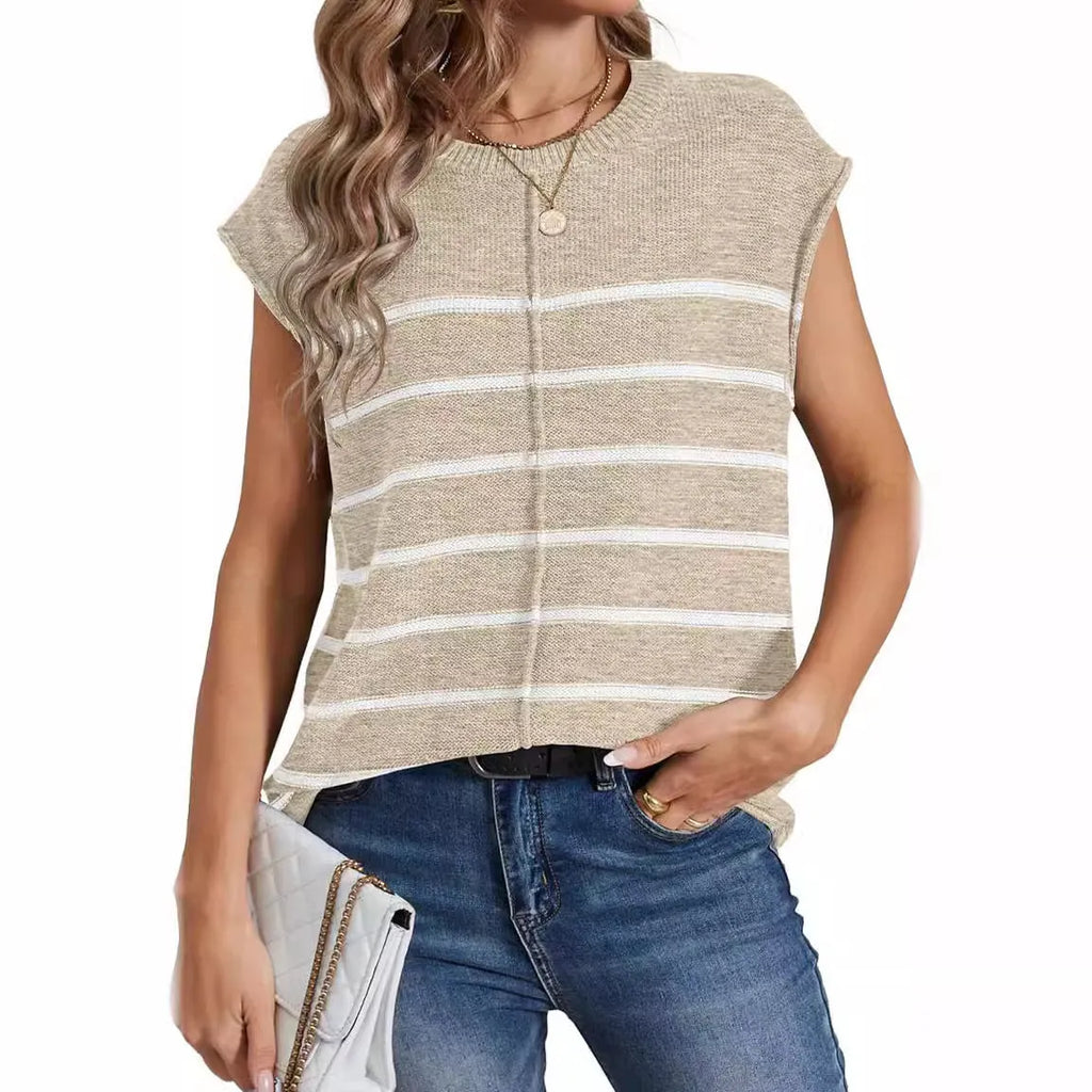 Women's striped sleeveless pullover top with bone stitching seam detailing in multiple colour options