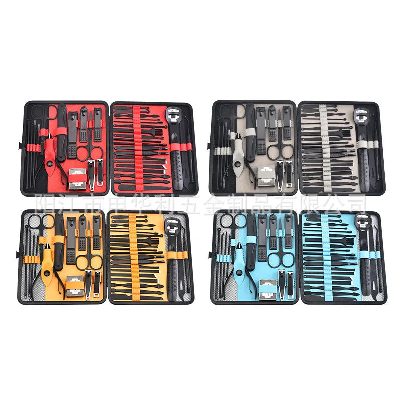 Red 36-piece manicure nail care kit with stainless steel tools in a PU leather case