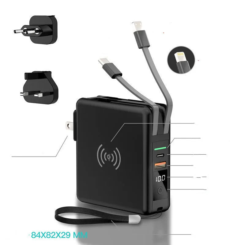 Super QI Wireless Power Bank 10000mAh with built-in plug showing black and white options