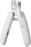White pet nail clippers with built-in LED light and transparent anti-splash guard.