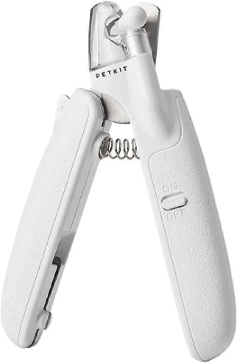 White pet nail clippers with built-in LED light and transparent anti-splash guard.
