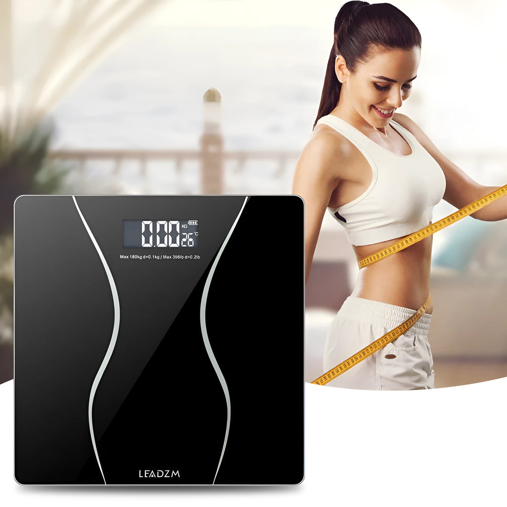 Black electronic body scale for household weight measurement up to 180kg capacity