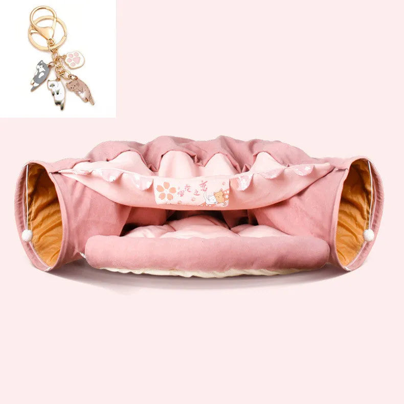 Collapsible cloth cat tunnel in four colour options showing 45cm by 50cm dimensions