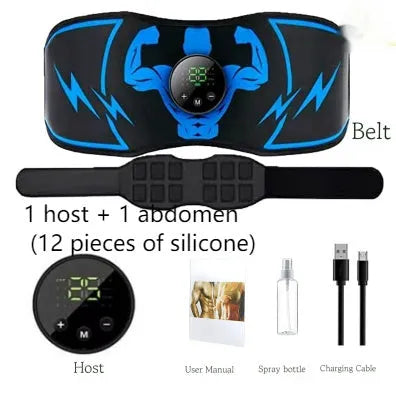 EMS abdominal belt with blue host unit and wireless remote control for muscle stimulation