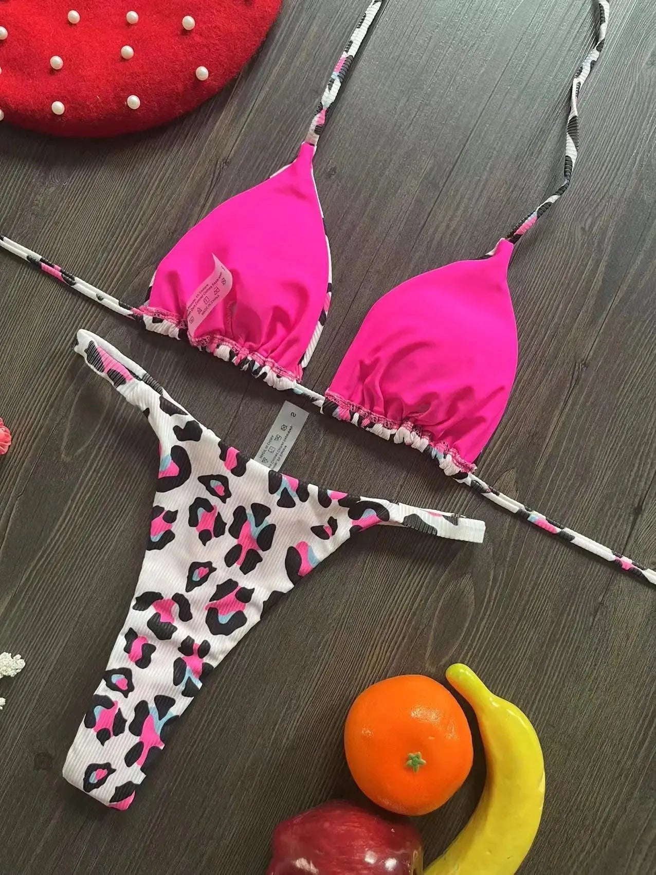 Women's printed bikini swimsuit with cotton lining on mannequin showing briefs style