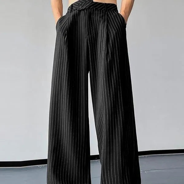 Black men's casual trousers with vertical stripes, front pleats, and an elasticated waistband.