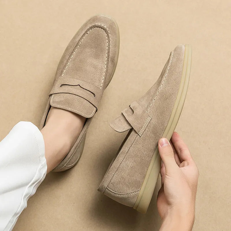 Men's beige slip-on leather casual shoes with round toe and rubber sole