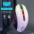 Black and white dual-mode wireless gaming mouse with luminous breathing light on desktop