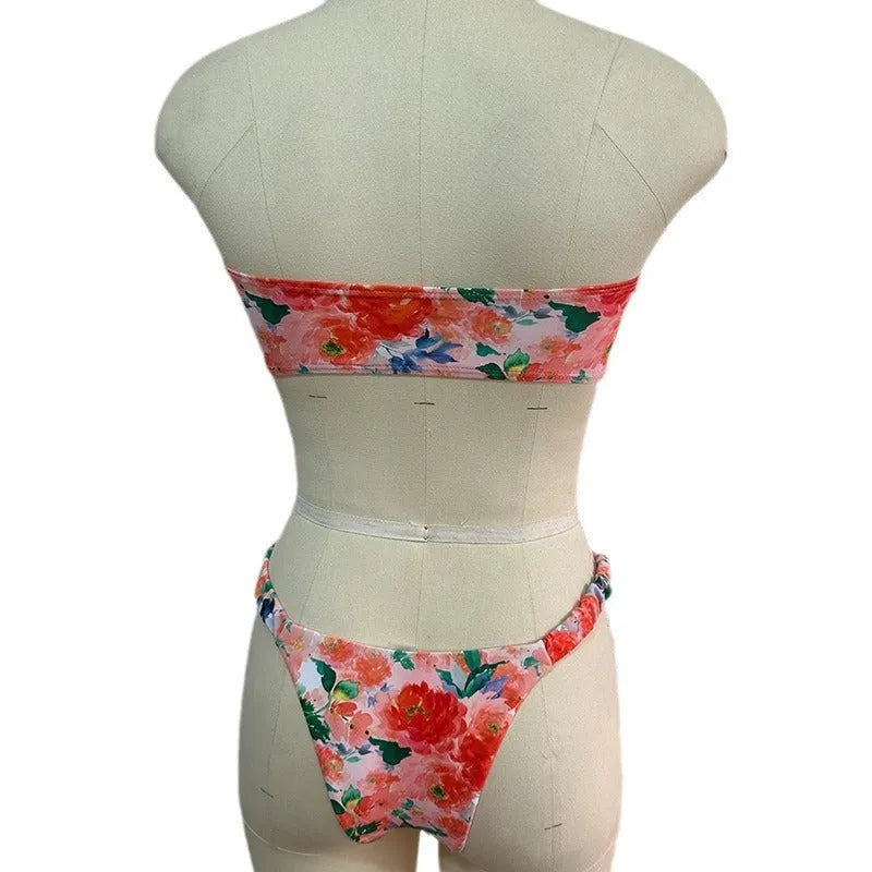 European style floral print tube top bikini set in polyester fabric for swimming