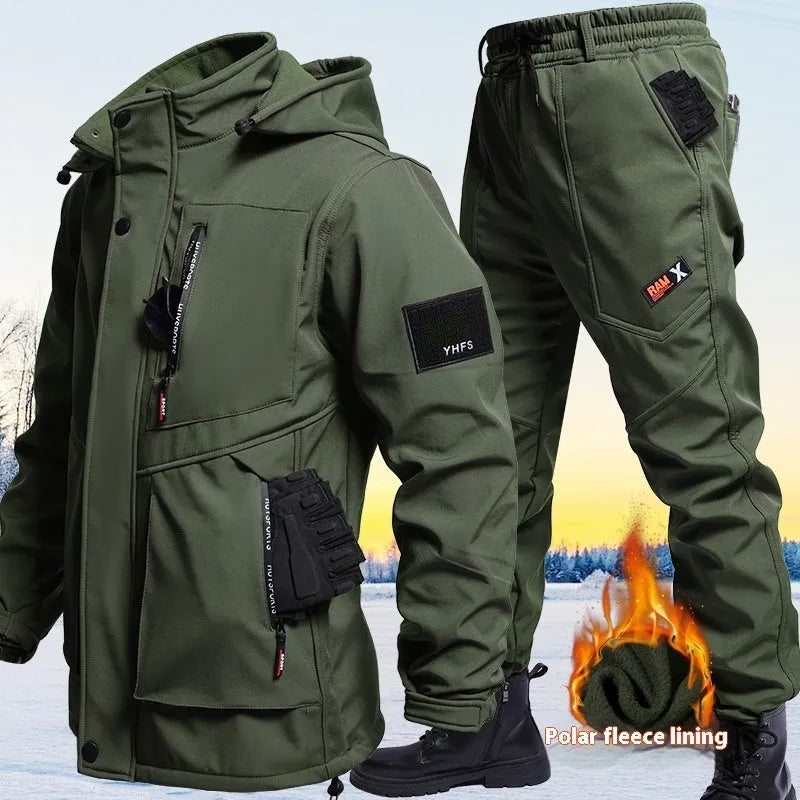 Fleece-lined waterproof jacket suit two-piece set in Black, Army Green, and Gray, sizes 165-190, for men and women