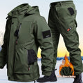 Fleece-lined waterproof jacket suit two-piece set in Black, Army Green, and Gray, sizes 165-190, for men and women
