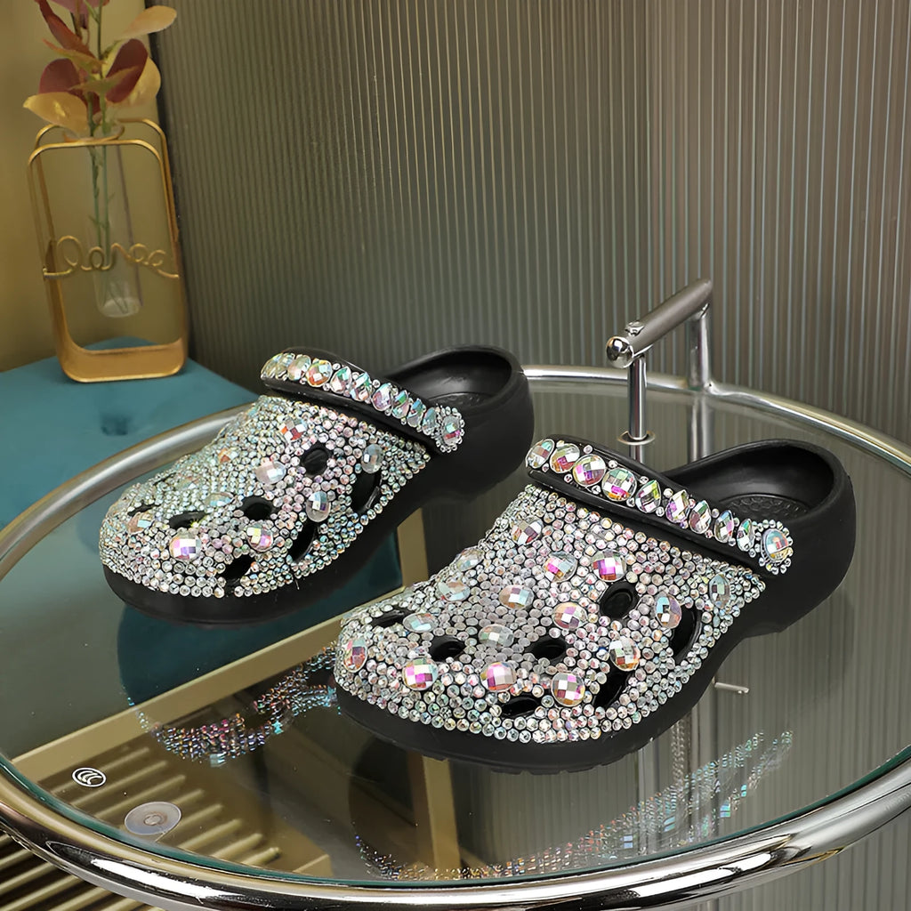 Black women's platform sandals with sparkling rhinestone detail on EVA upper and sole