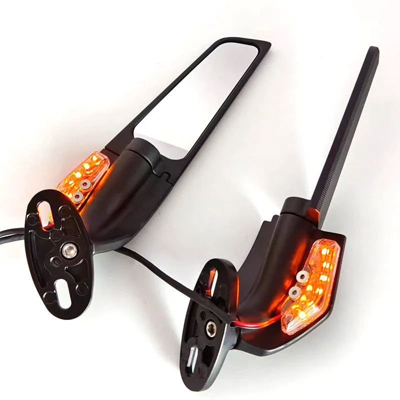 Pair of die-cast aluminium motorcycle spoiler rearview mirrors with integrated yellow safety lights.