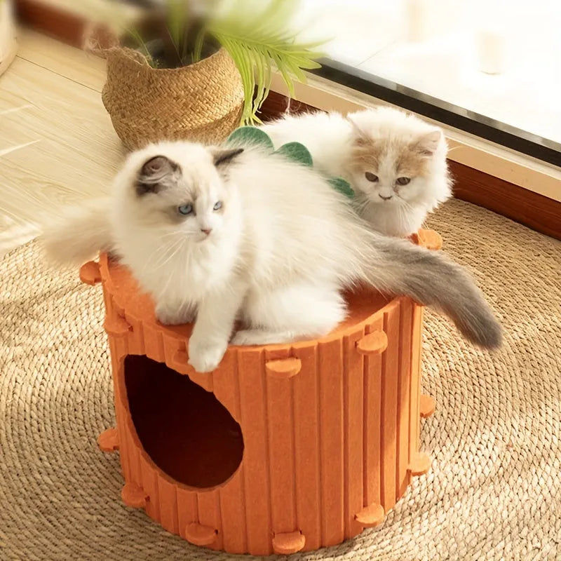 Carrot-orange semi-enclosed felt cat tunnel nest for play and sleeping.