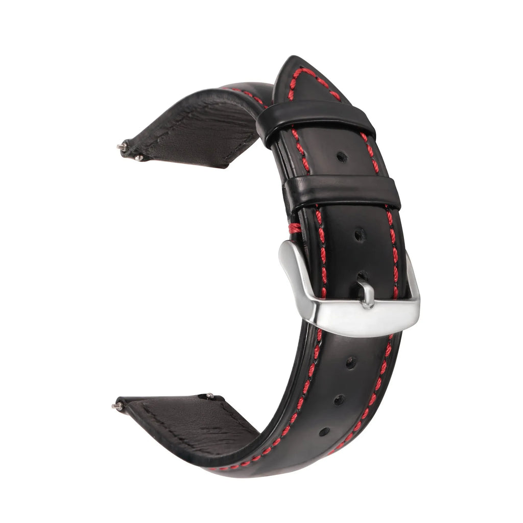 Quick release leather watch strap in bright cowhide showing colour options and width sizes.