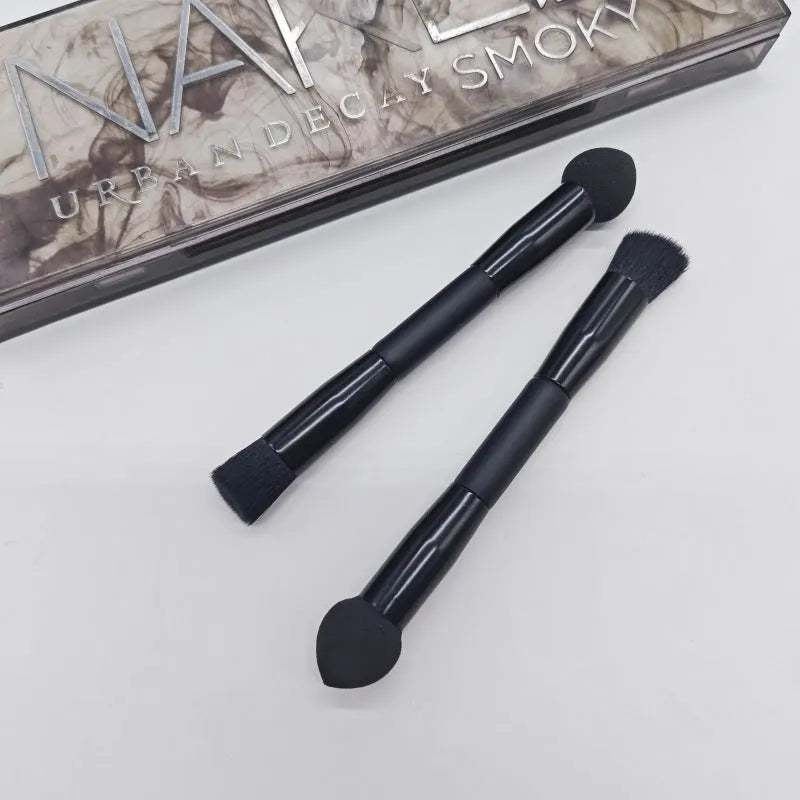 Double-headed miter sponge concealer brush with wooden handle and black artificial fibers