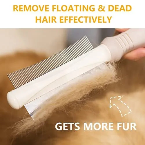 White 2-in-1 pet grooming brush showing comb side and deshedding blade side.